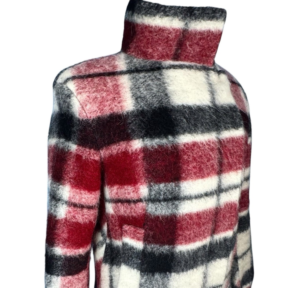 Zara Wool Mohair Jacket Maroon/Black/White Plaid‎ Asymmetric Snap Close Womens S - Picture 5 of 12
